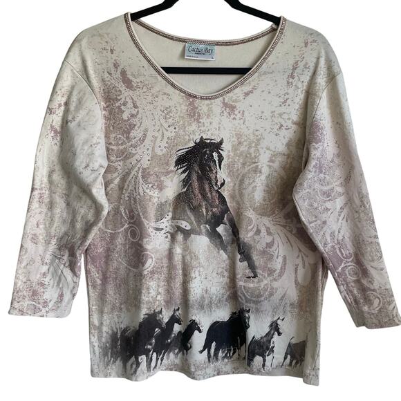 Cactus Bay Top Wild Horses Rhinestone Y2K Tan 3/4 Sleeves USA Sz L Western Rodeo - Picture 1 of 12